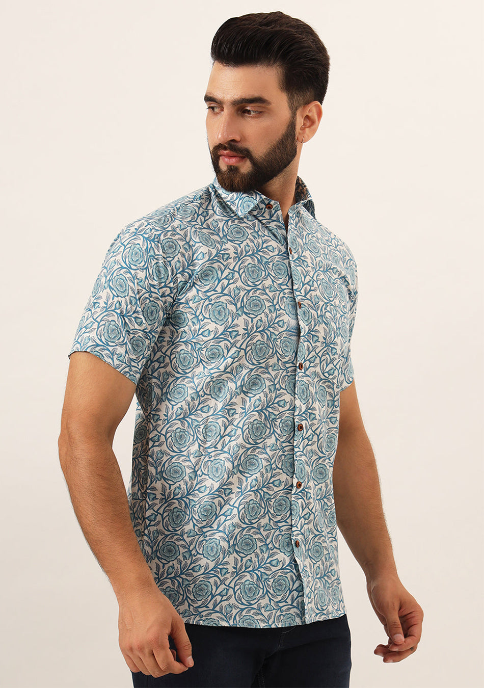 Sky Blue Floral Print Pure Cotton Regular Fit Casual Shirt