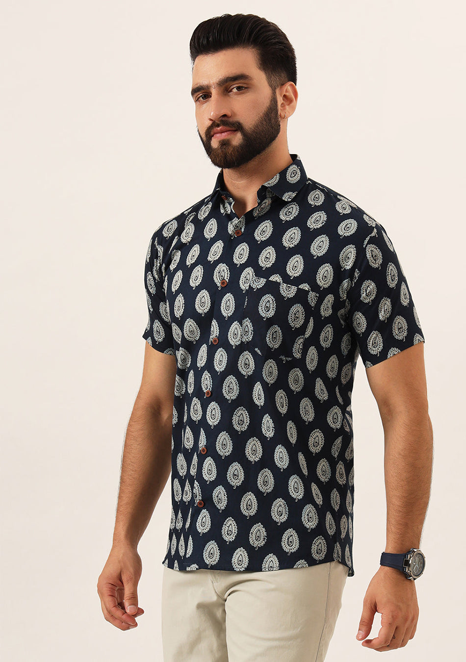 Navy Blue Floral Print Pure Cotton Regular Fit Casual Shirt