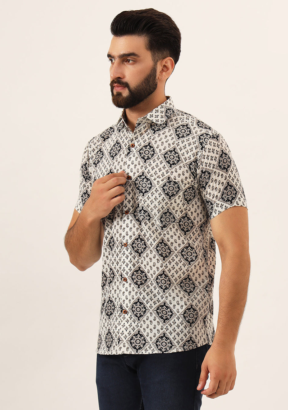 White Geometric Pure Cotton Regular Fit Casual Shirt