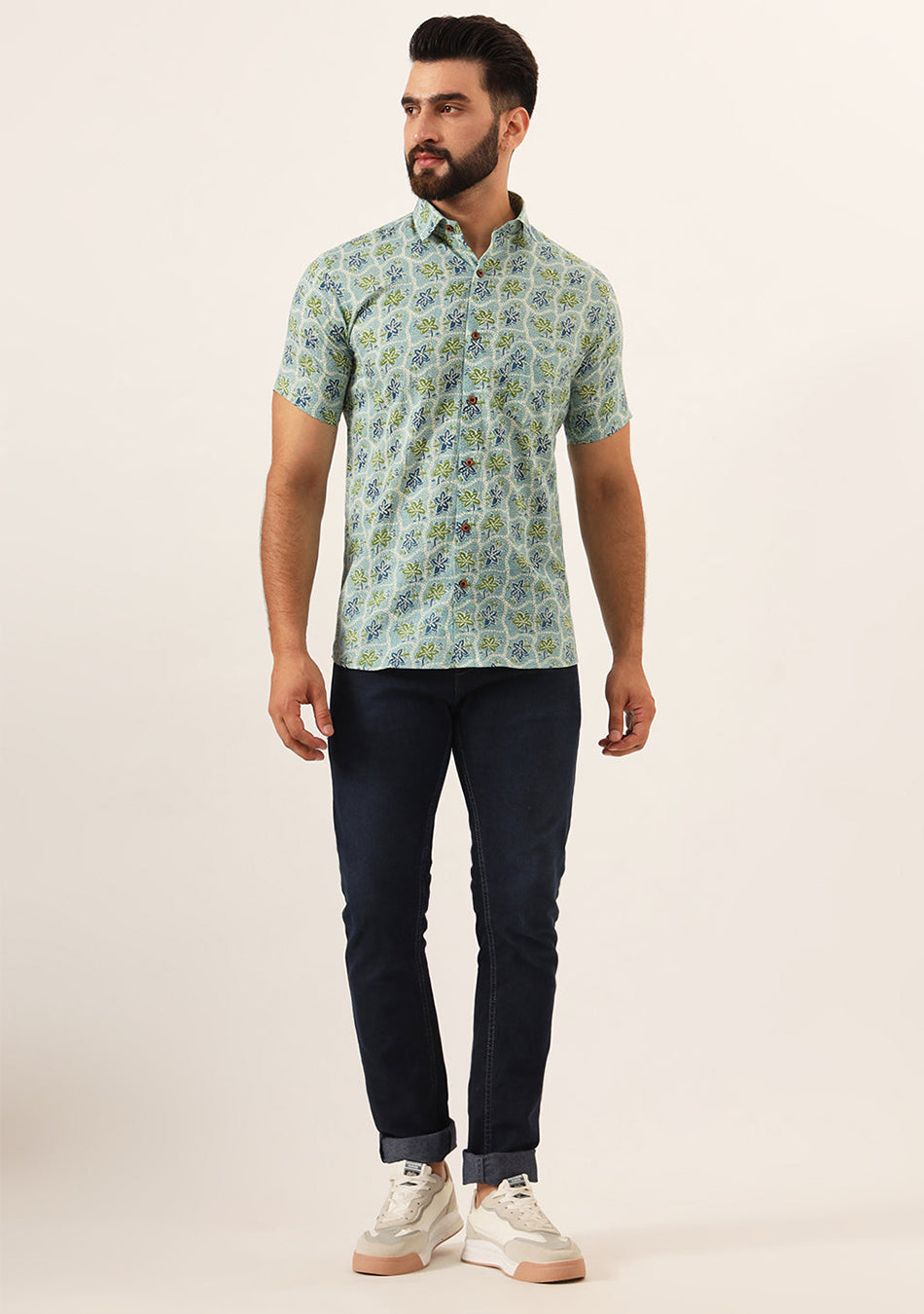 Green Floral Print Pure Cotton Regular Fit Casual Shirt