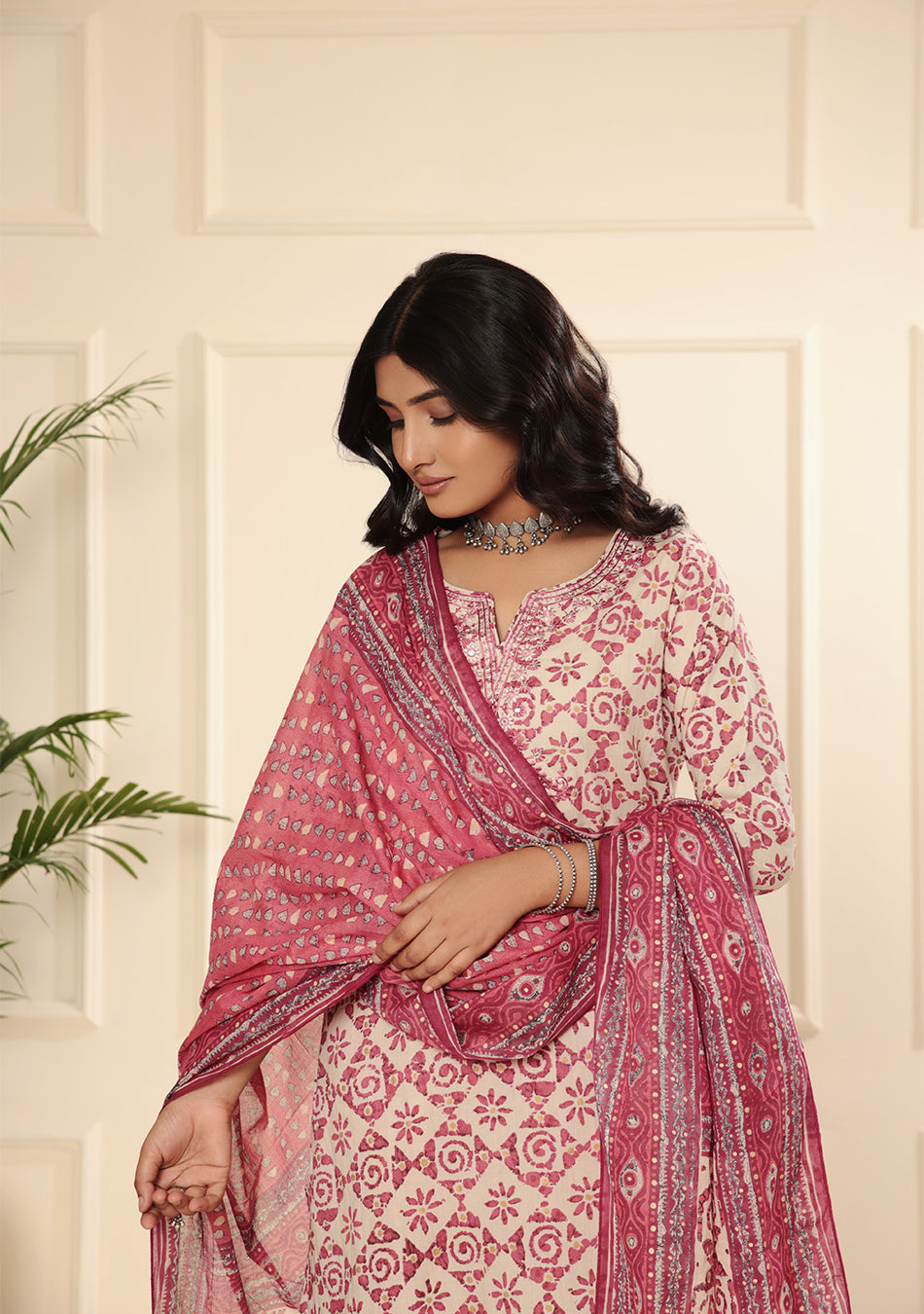 White & Red Floral Print kurta Pant set with Dupatta