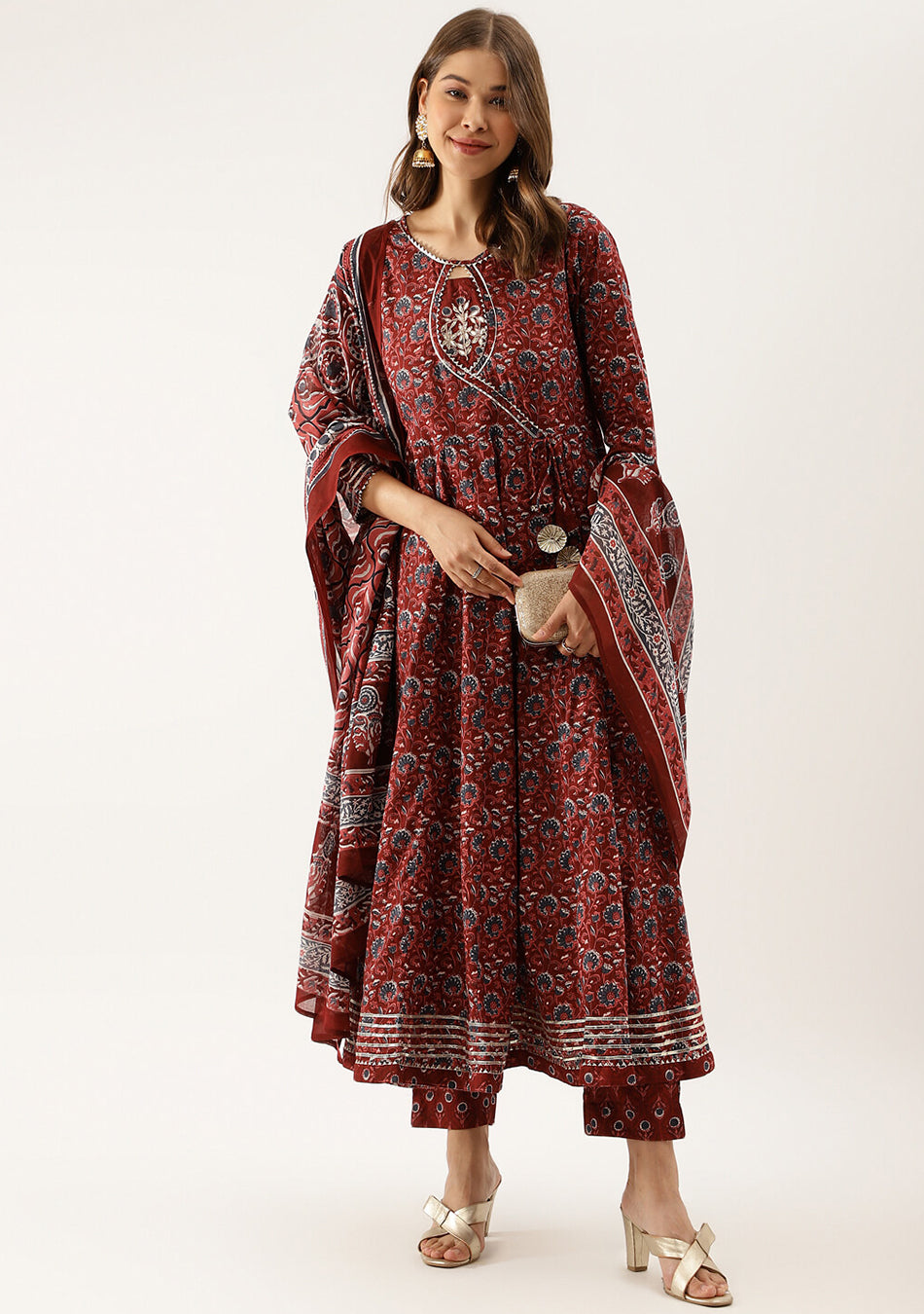 Burgundy Floral Cotton Anarkali Set