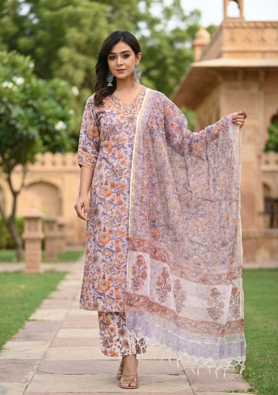 Lilac Blossom Hand Block Printed Suit with Dupatta