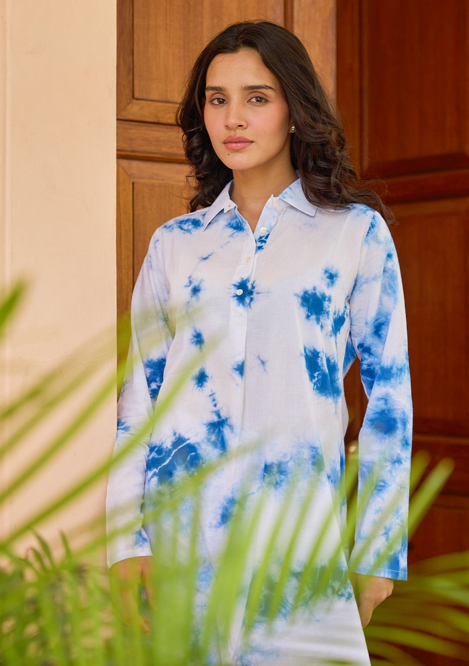 Blue and White Tie-Dye Pattern Kurta with Cuffed Pant Set