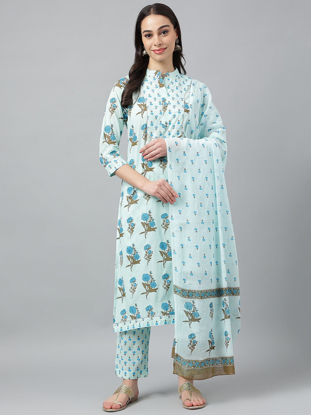 Light Blue Floral Print kurta Pant set with Dupatta