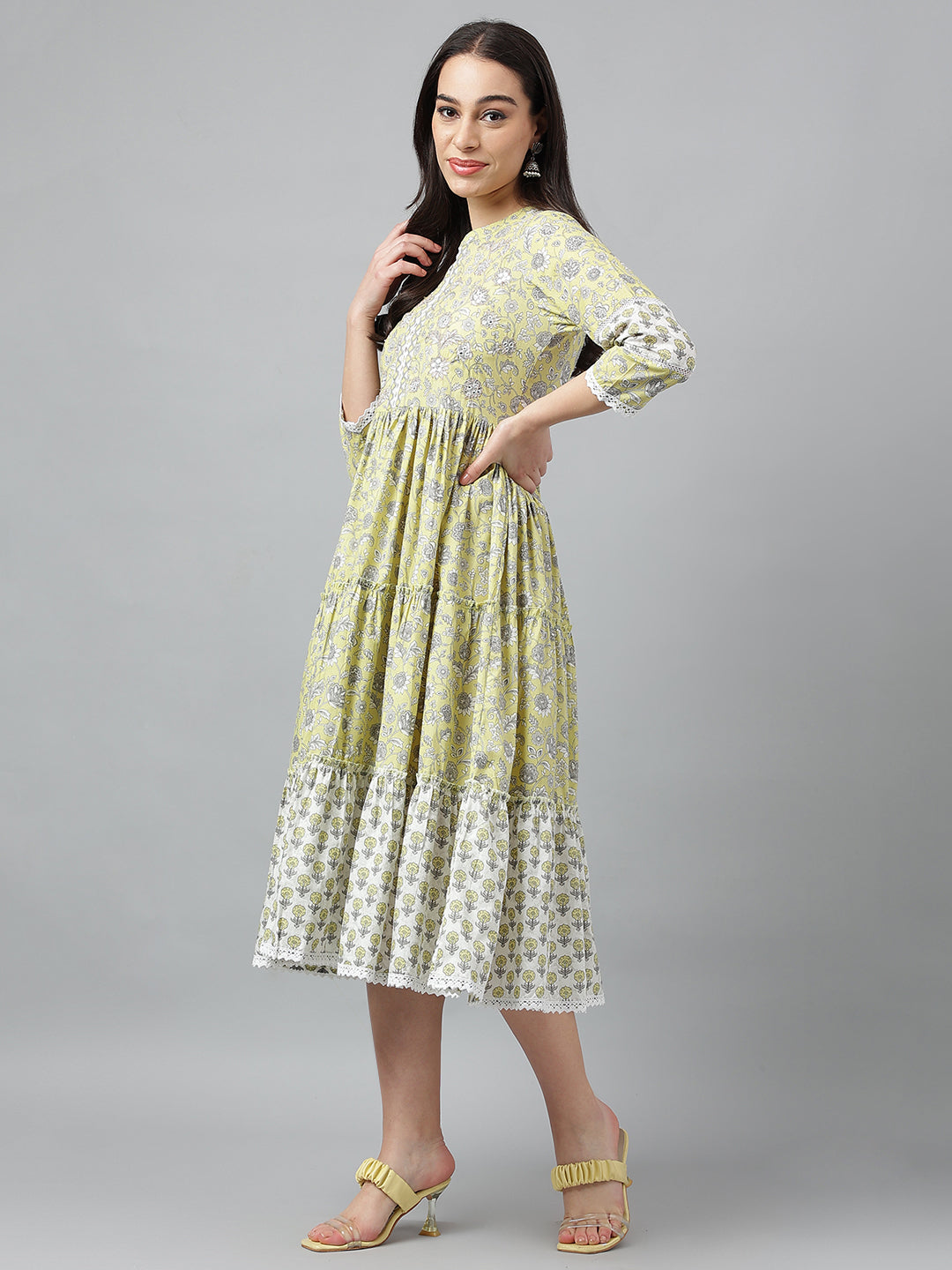 Yellow Hand Block Floral Printed Midi Dress