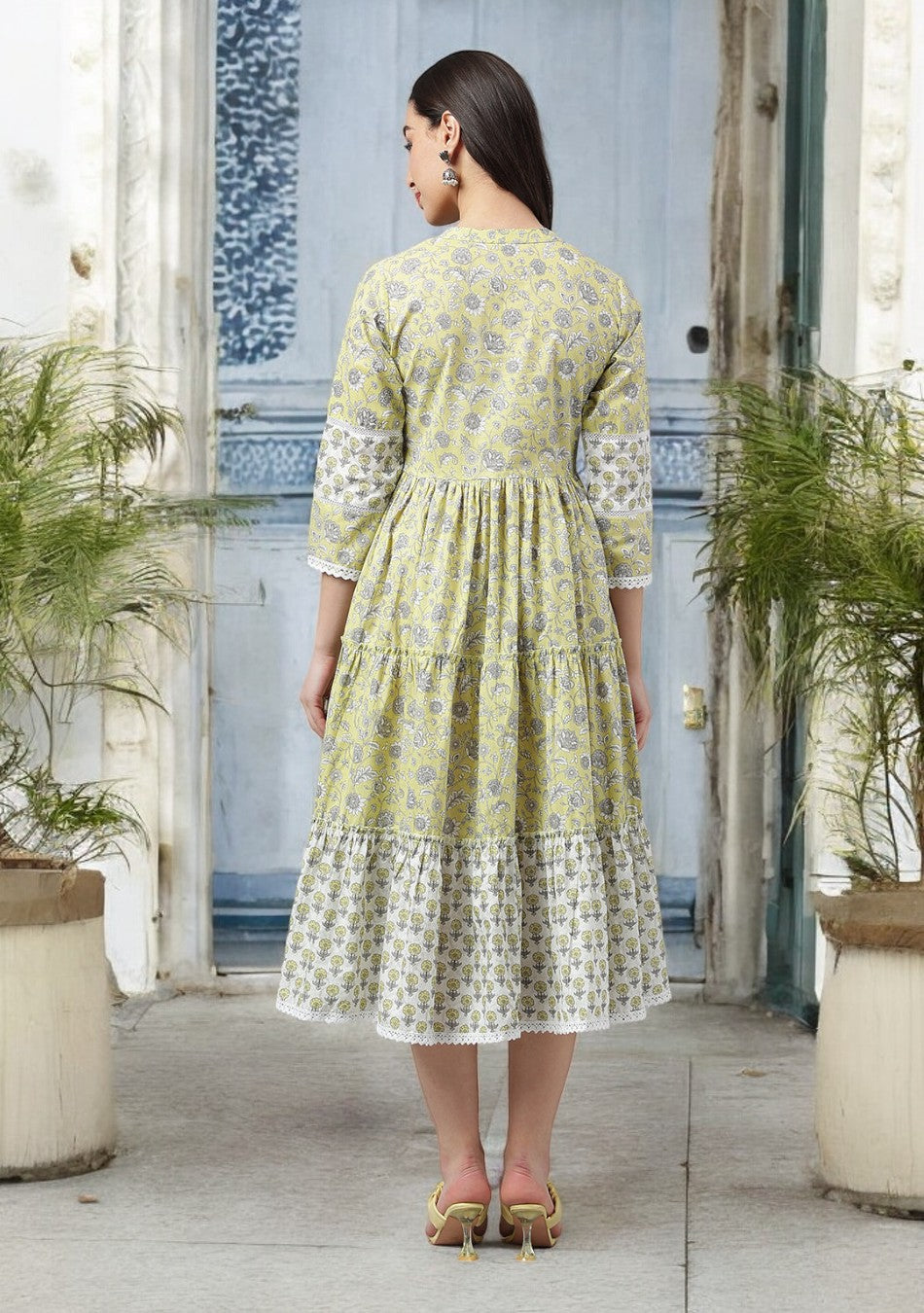 Yellow Hand Block Floral Printed Midi Dress