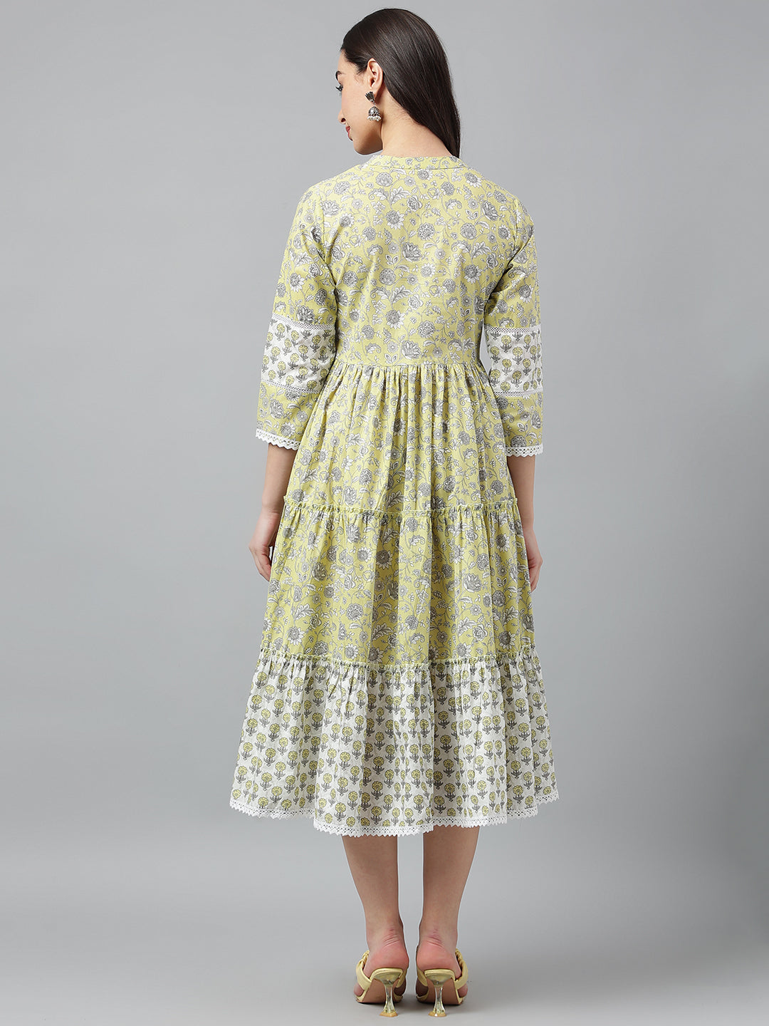 Yellow Hand Block Floral Printed Midi Dress
