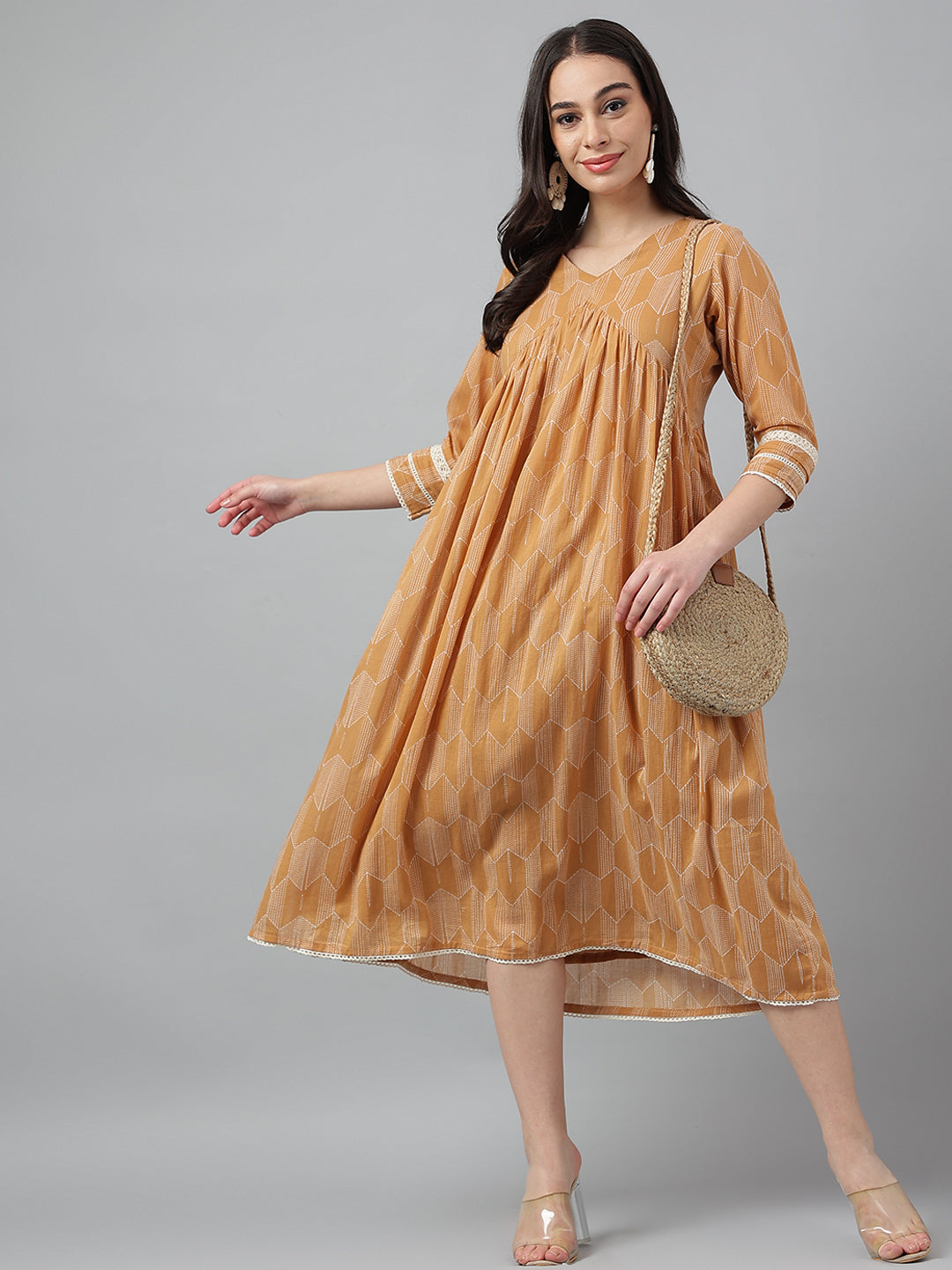 Long Brown Flare Midi Dress