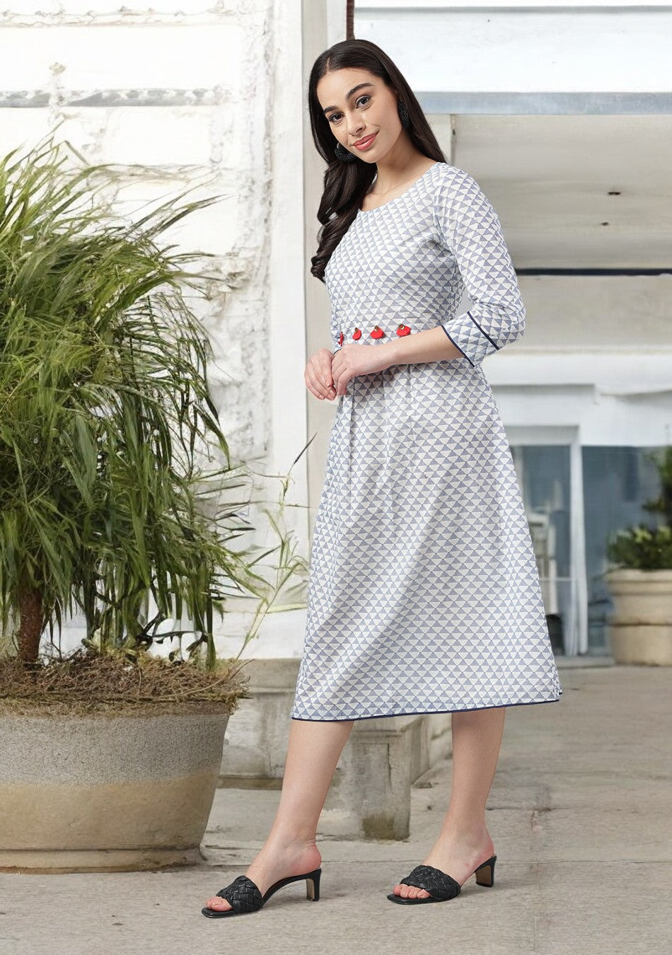 White & Blue Red Tassels Midi Dress