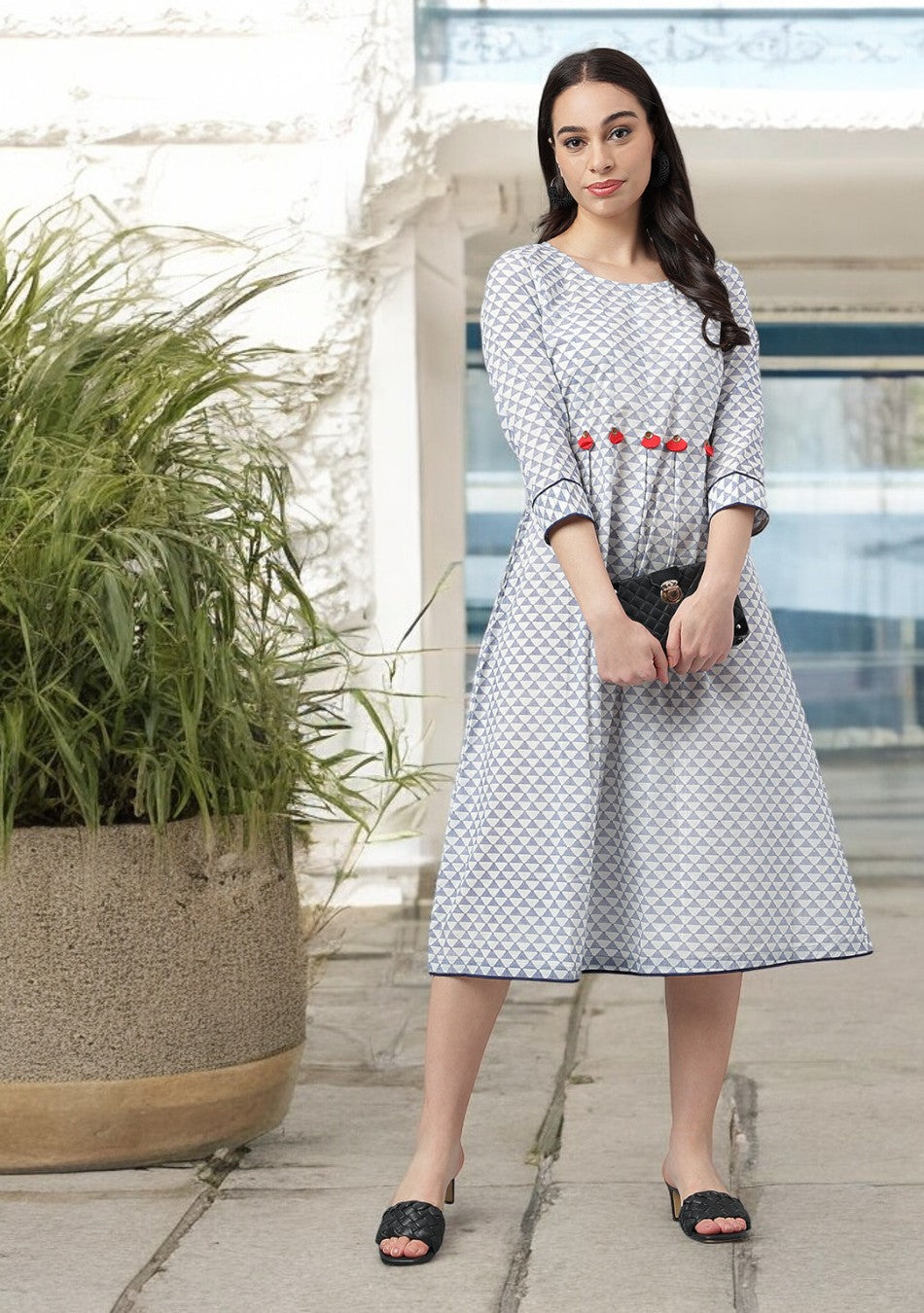 White & Blue Red Tassels Midi Dress