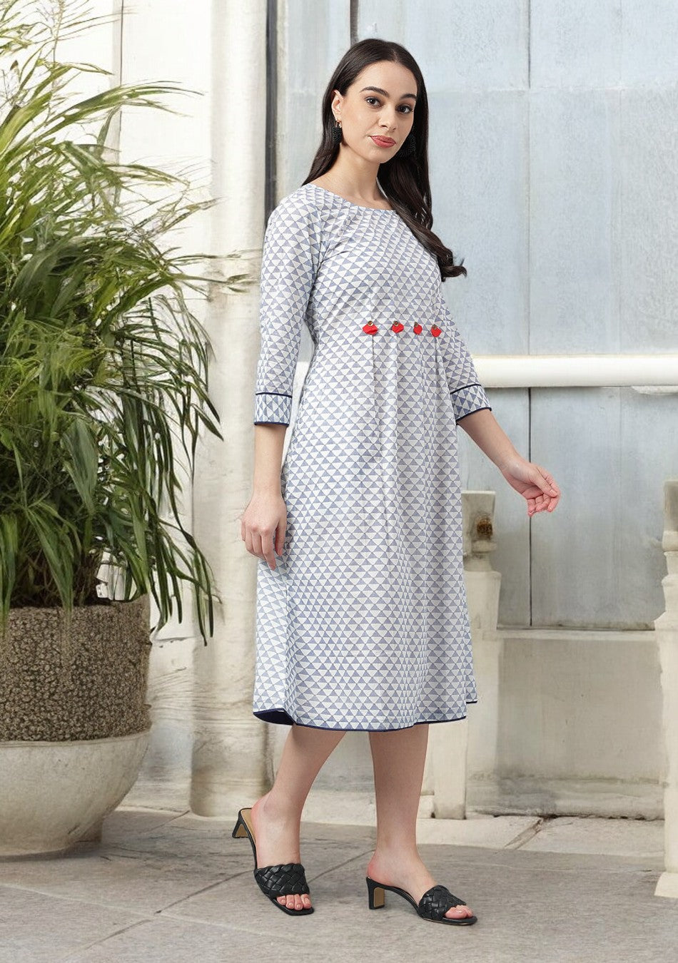 White & Blue Red Tassels Midi Dress