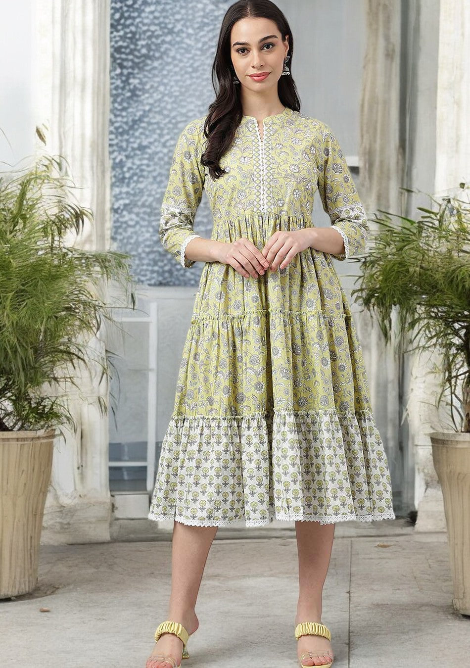 Yellow Hand Block Floral Printed Midi Dress