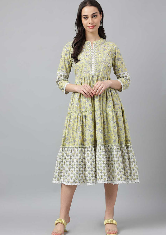 Yellow Hand Block Floral Printed Midi Dress