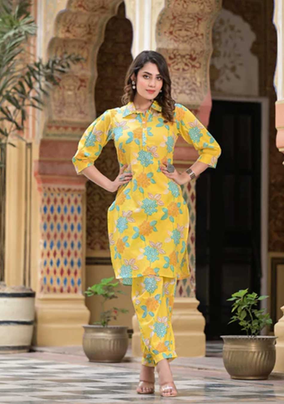 Yellow Floral Print Kurta Hem Cuffed Pant Set