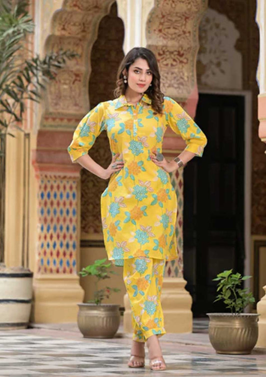 Yellow Floral Print Kurta Hem Cuffed Pant Set