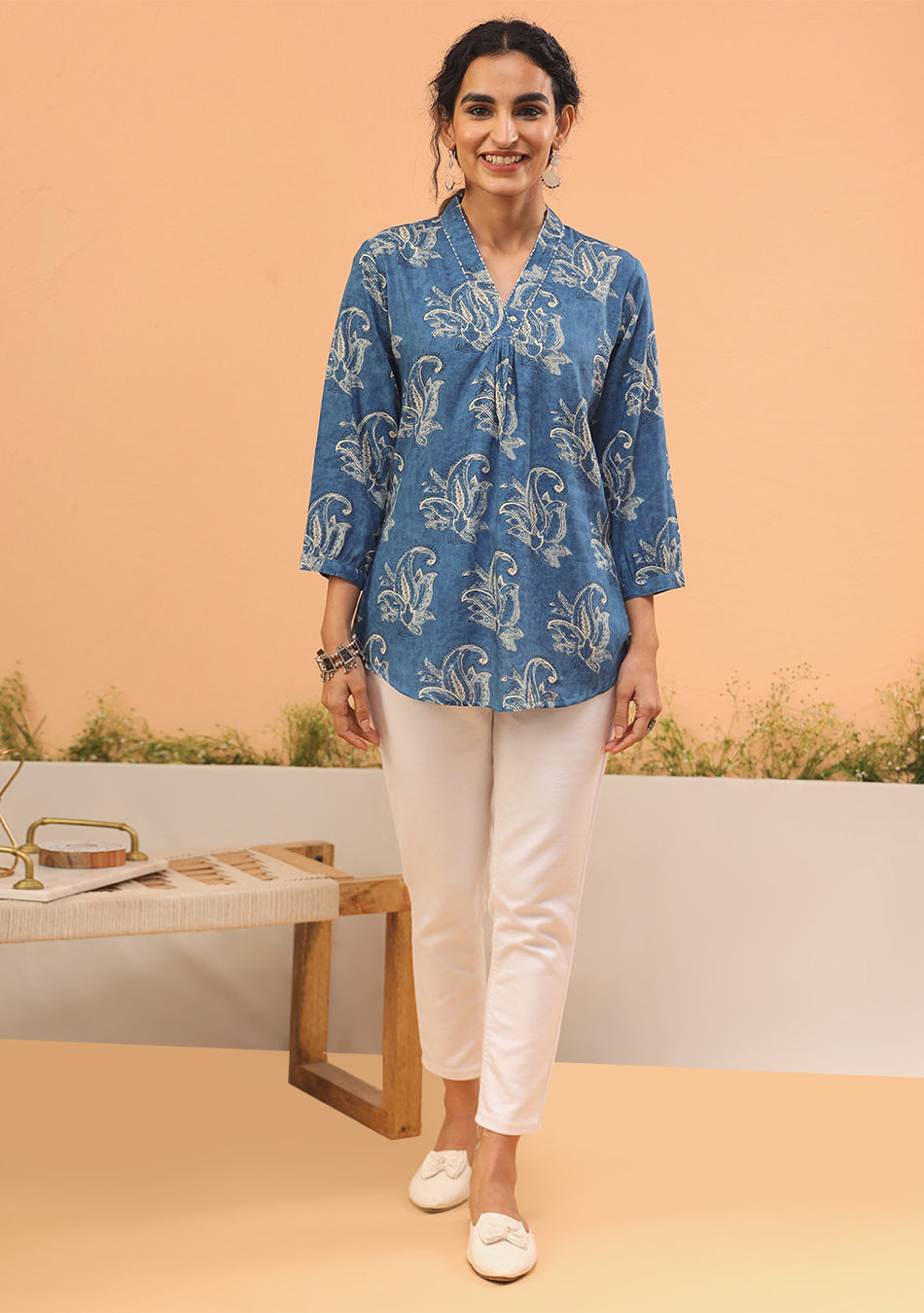 Aravalii indigo top styled for office and brunch wear