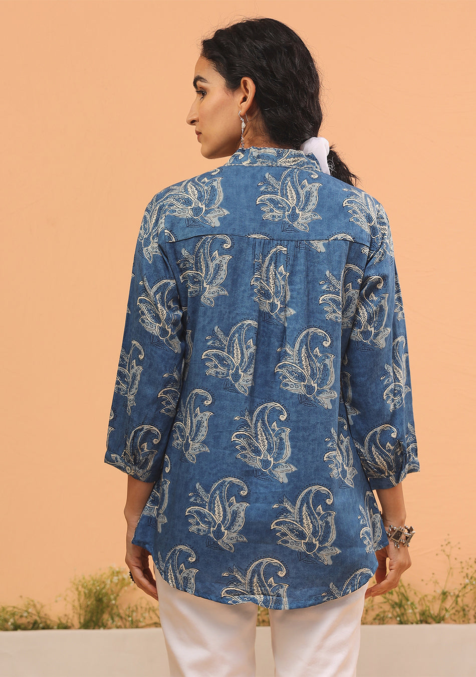 indigo pleated shirt back side