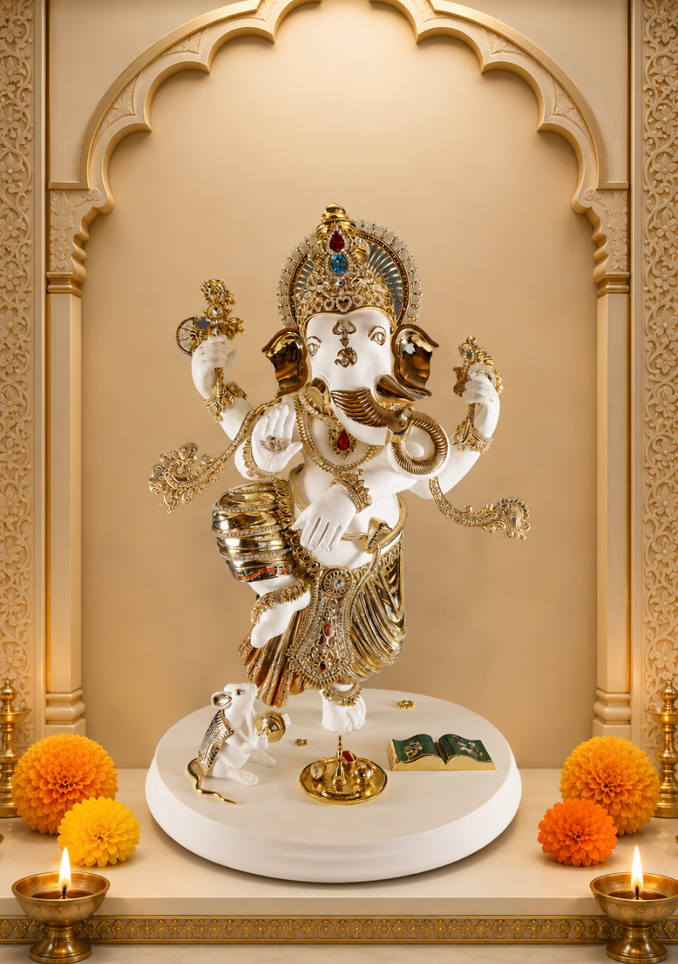 Close-up of authentic Swarovski crystal embellishments on Aravalii gold-plated Ganesha idol