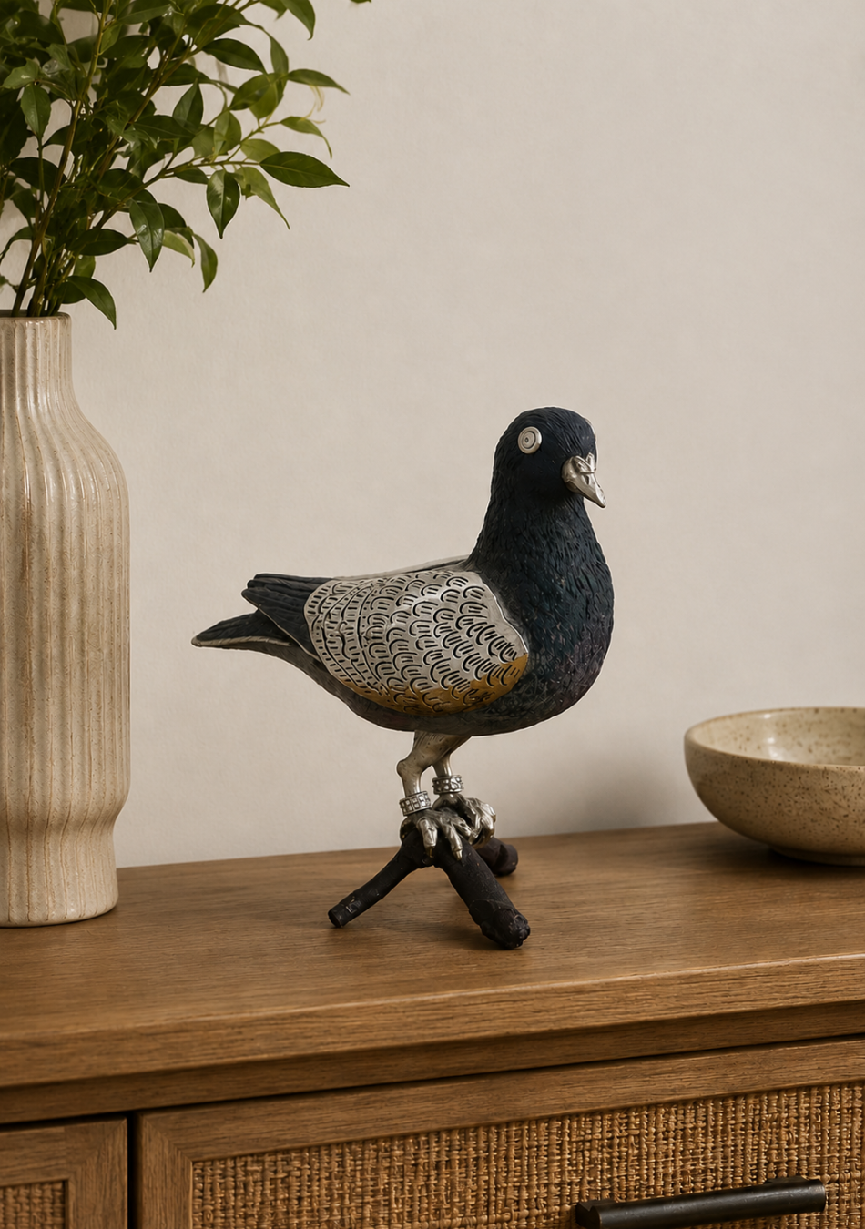 Aravalii Silver Pigeon Figurine in an electro-plated grey antique finish styled on a luxury console table"