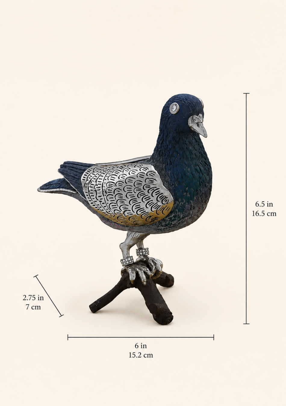 Aravalii Silver Pigeon Figurine in an electro-plated grey antique finish styled on a luxury console table"