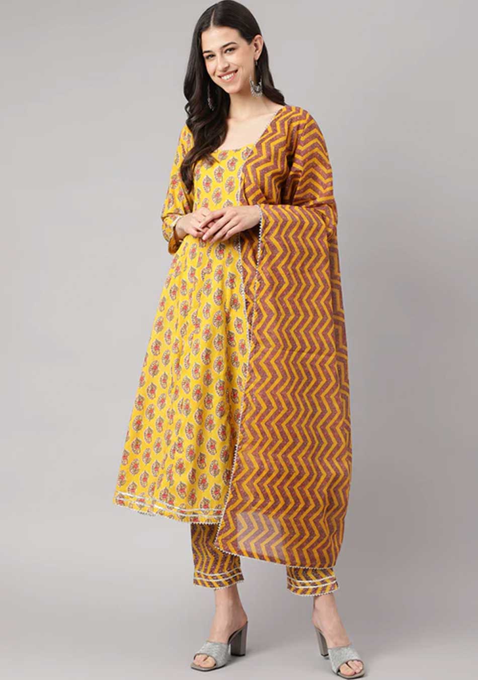 Yellow Cotton Print Set with Dupatta
