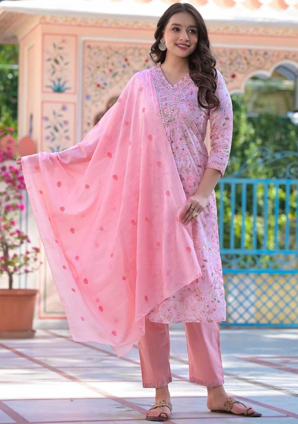 Baby Pink Floral Kurta Pant Set  with Dupatta