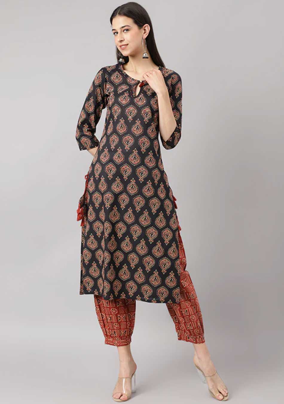 Black Red Cotton Print Kurta Set