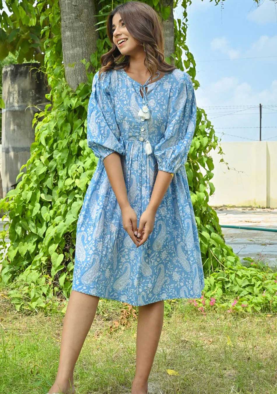 Blue Paisley Cotton Short Dress