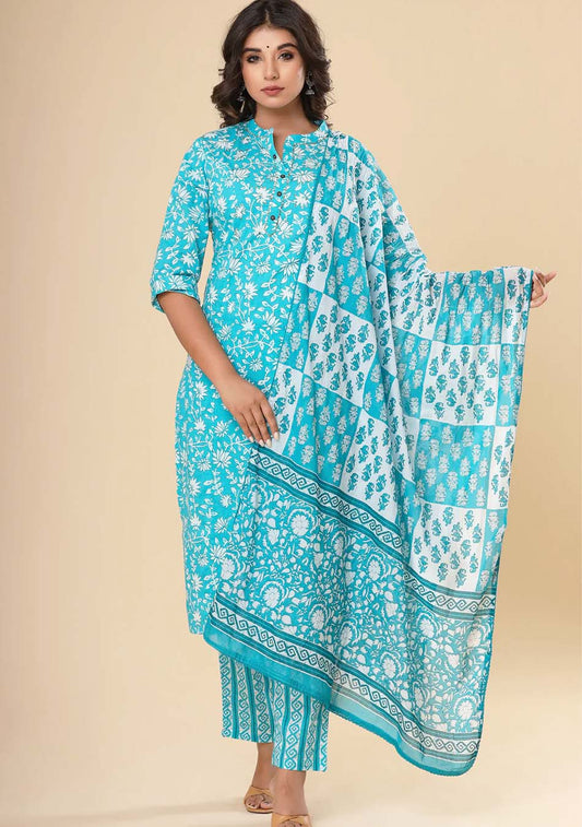 Blue & White Floral Print Kurta Pant Set with Dupatta