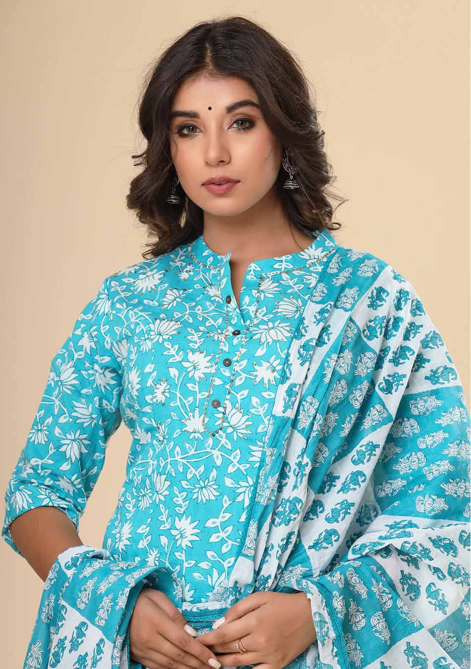 Blue & White Floral Print Kurta Pant Set with Dupatta