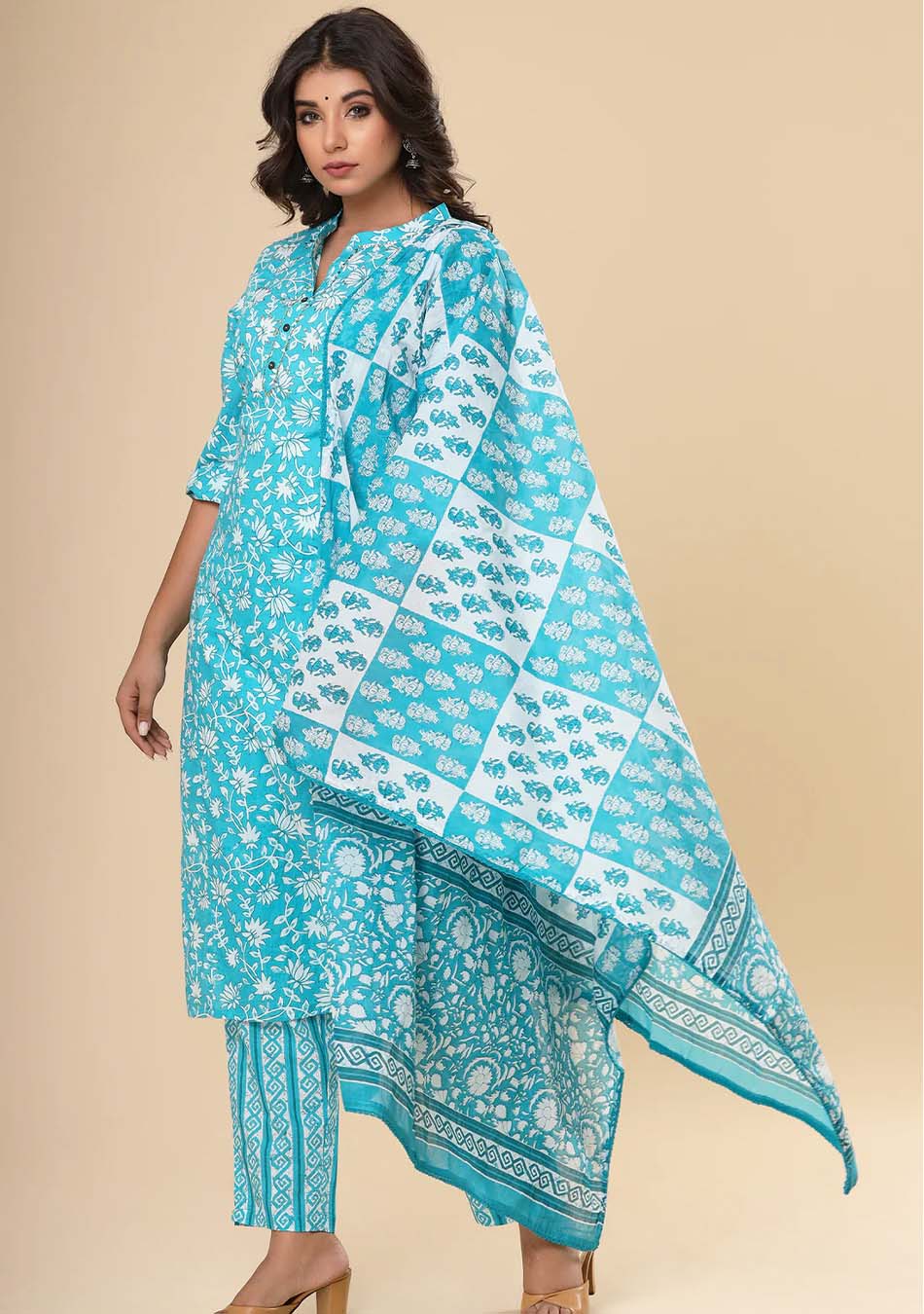 Blue & White Floral Print Kurta Pant Set with Dupatta