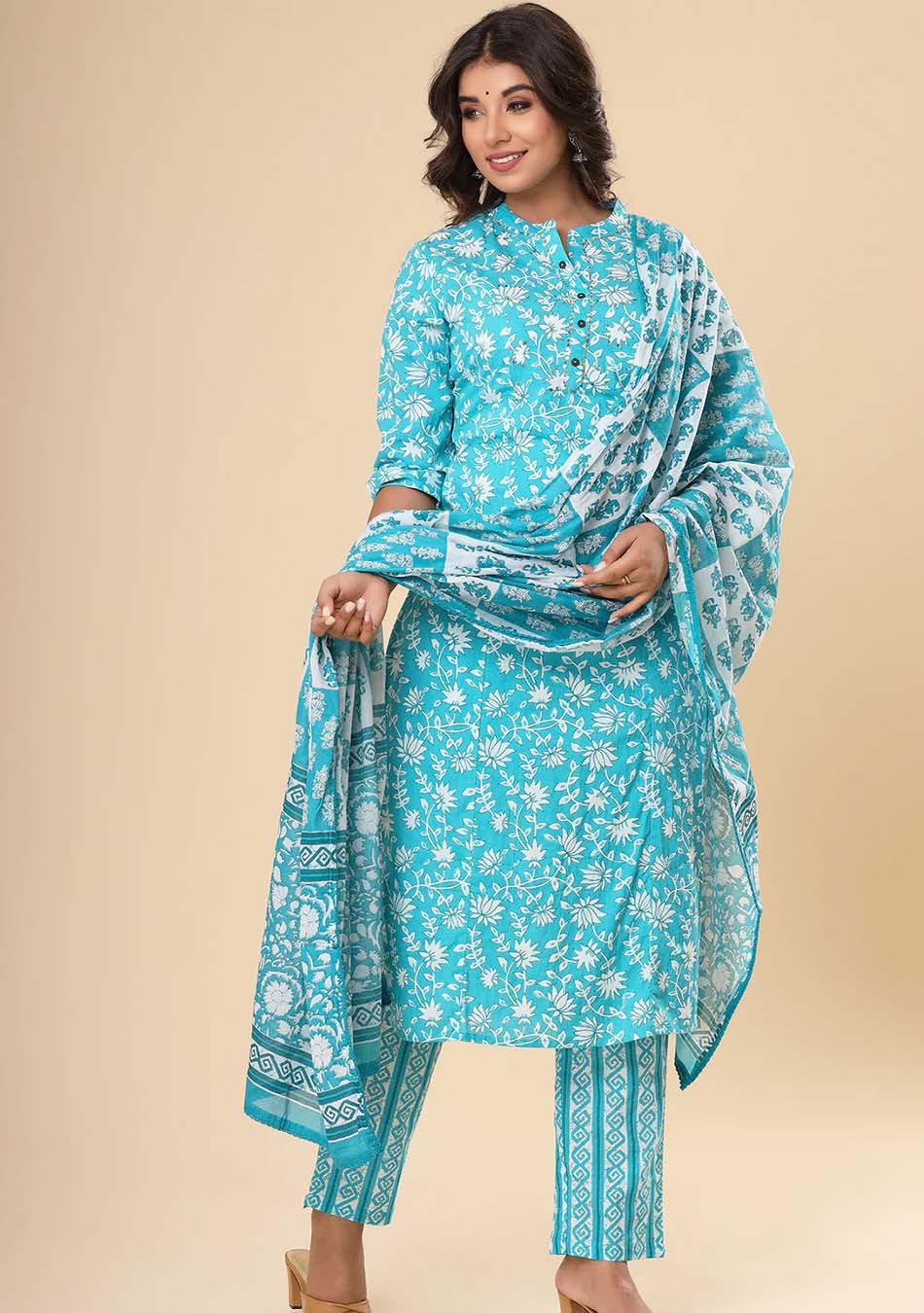 Blue & White Floral Print Kurta Pant Set with Dupatta