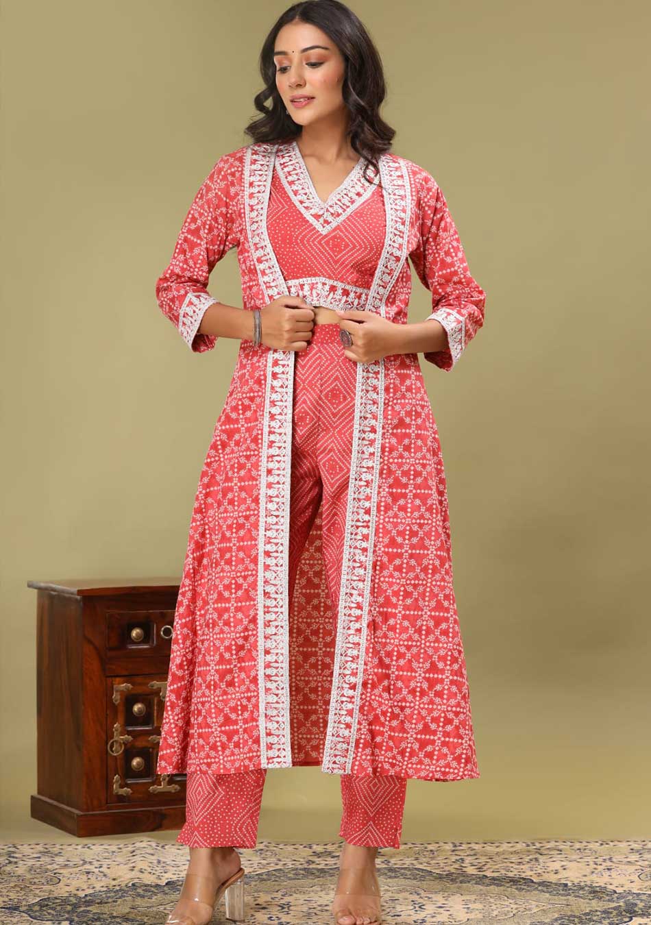 Coral Chunri Print Blouse & Pant Set