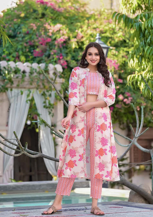Coral white and pink blouse & pant set
