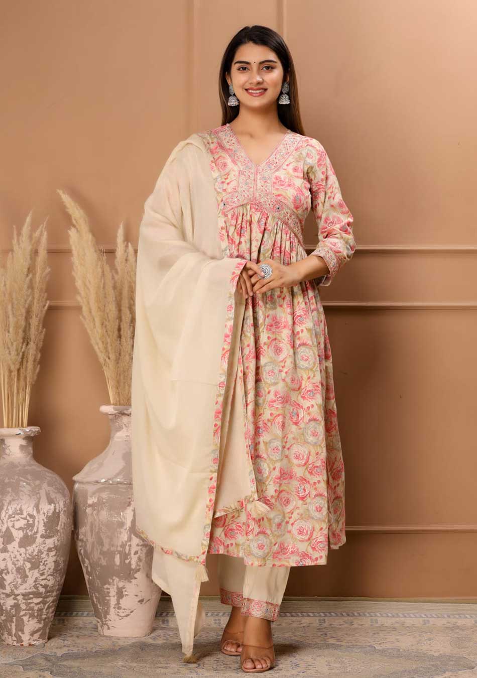 Cream Floral Anarkali Kurta Pant Set With Dupatta