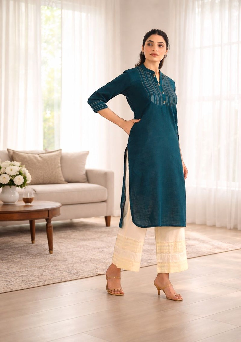 Teal Blue Solid Straight Kurta
