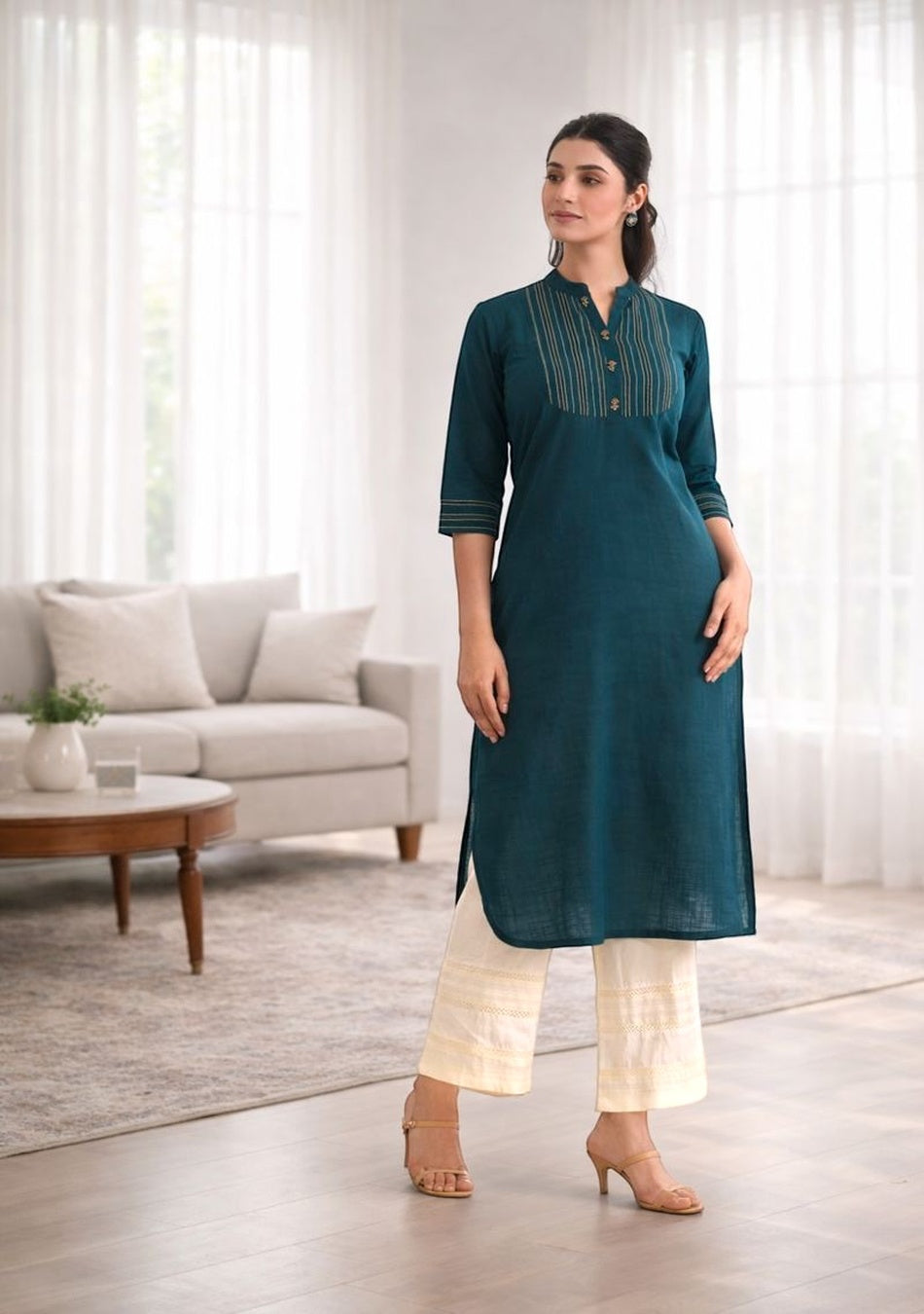 Teal Blue Solid Straight Kurta