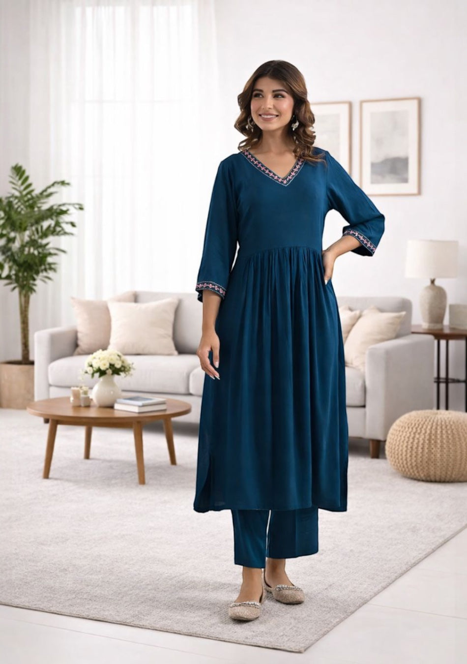 ARAVALII Peacock Blue Gathered Long Kurta Pant Set