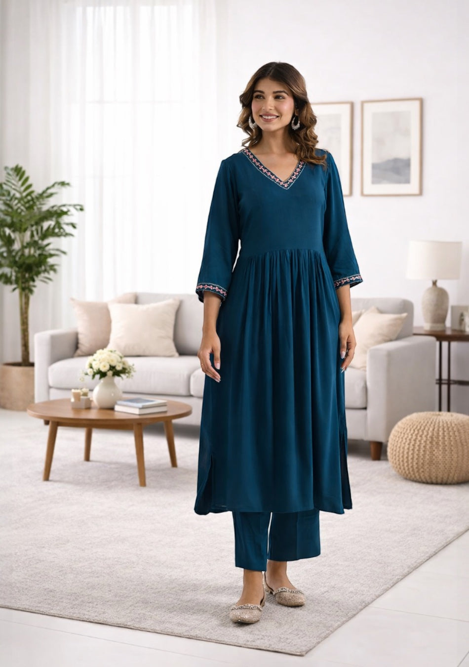 ARAVALII Peacock Blue Gathered Long Kurta Pant Set