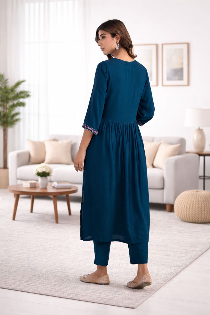 ARAVALII Peacock Blue Gathered Long Kurta Pant Set