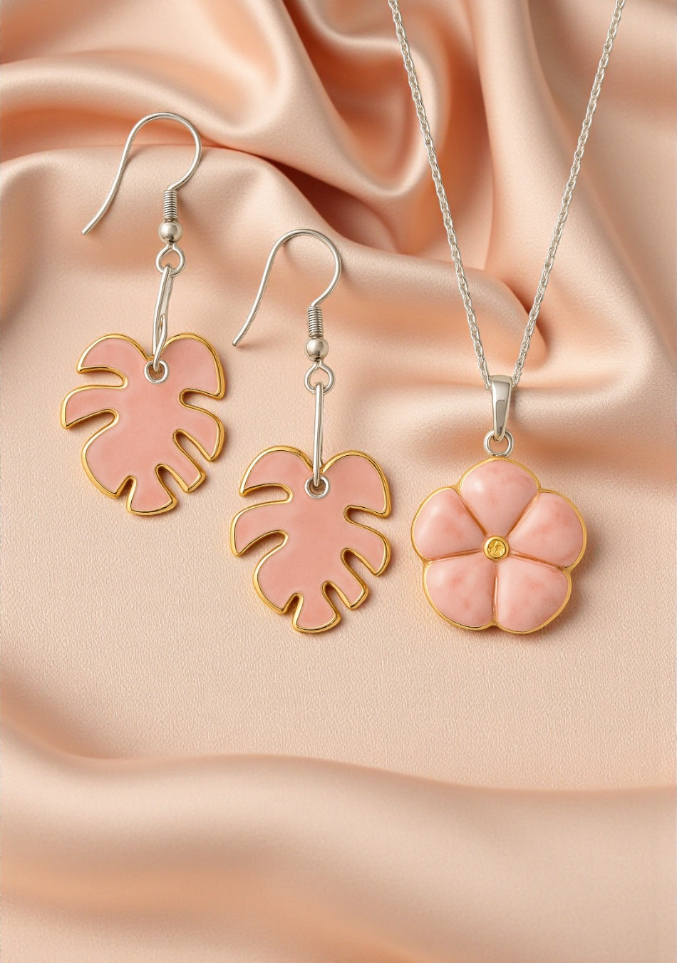 Pink Swiss Cheese Leaf Pendant and Earring Set