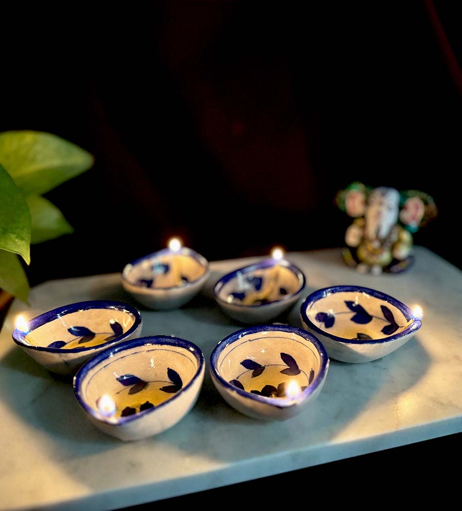 Blue Pottery Blue Lotus Design Diyas