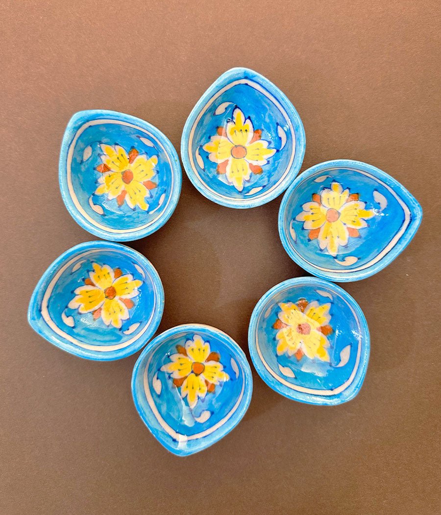 Blue Pottery Yellow Flower Diyas