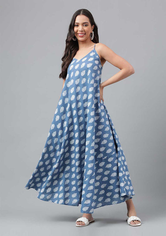 Dark Blue Floral Shoulder Strip Long Dress