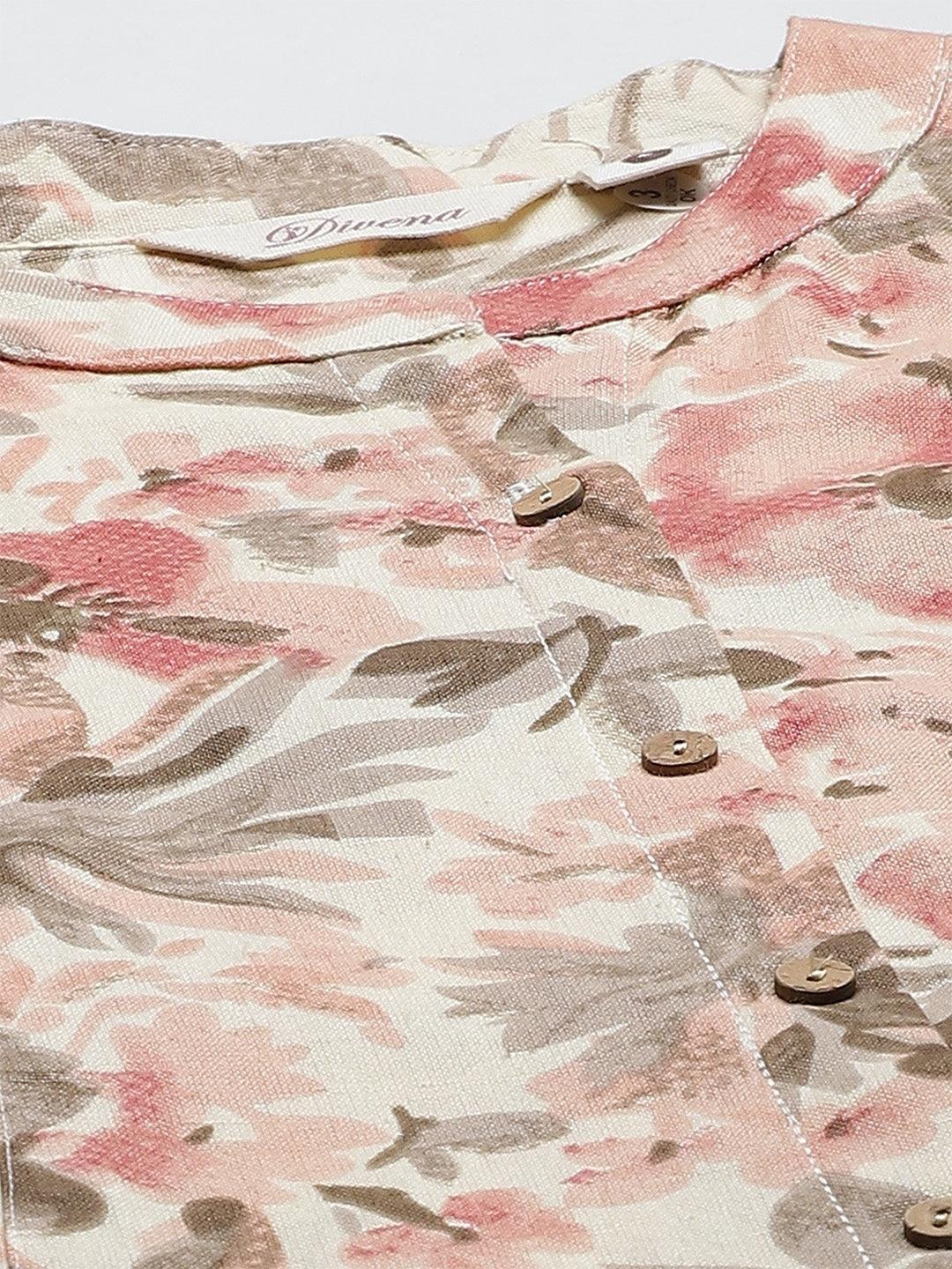 Cream Cotton Floral Print A-line Kurta