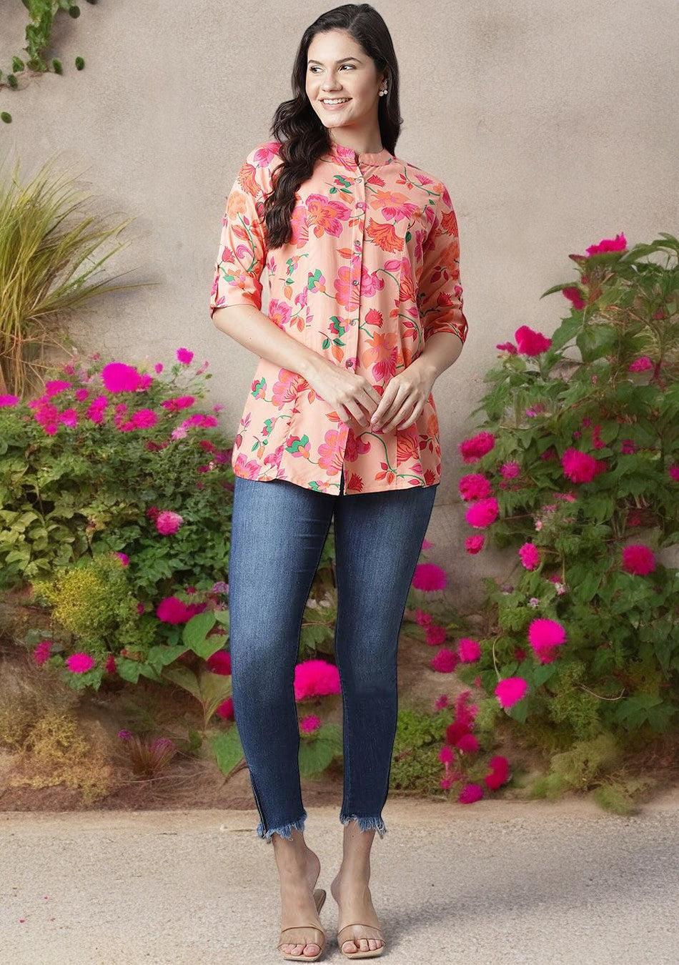 Peach Floral Rayon Shirt-Style A-Line Top
