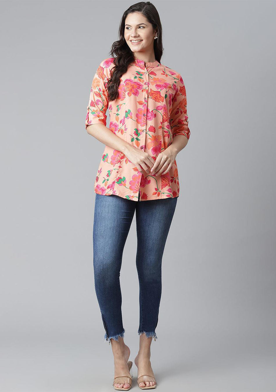 Peach Floral Rayon Shirt-Style A-Line Top
