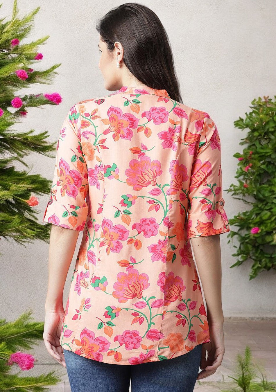 Peach Floral Rayon Shirt-Style A-Line Top