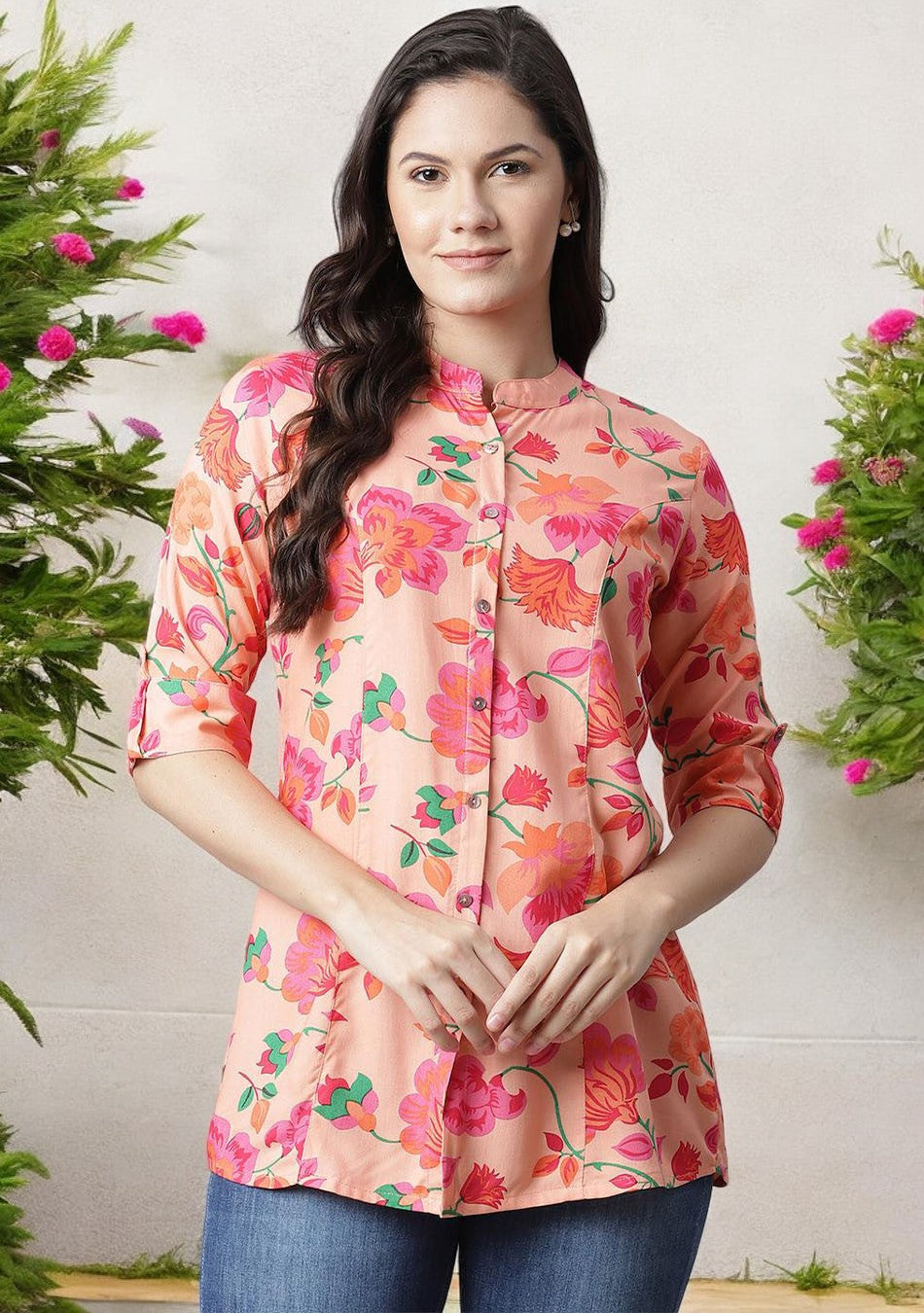 Peach Floral Rayon Shirt-Style A-Line Top